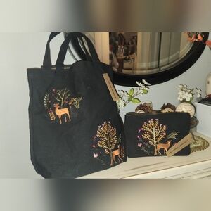 Princess Highway 16x14 Embroidered Deer Scen Black Canvas Snap Tote +pouch. NWT